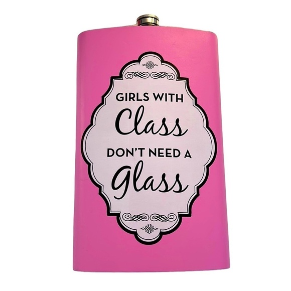 Novelty Pink Oversized Metal Flask 64 oz "Girls with class don't need a glass" - Picture 1 of 6